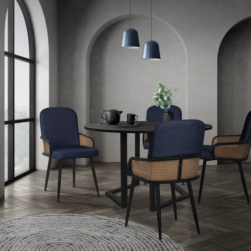 Esszimmerstühle 2er Set Dunkelblau mit Arm- & Rückenlehne, Polsterstühle für Esszimmer & Küche ML-Design