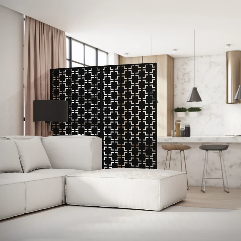 Metall-Sichtschutz Milano Schwarz 90x180 cm aus Stahl Raumteiler mit 3 Paneele Trennwand erweiterbar mit Ständer ML-Design