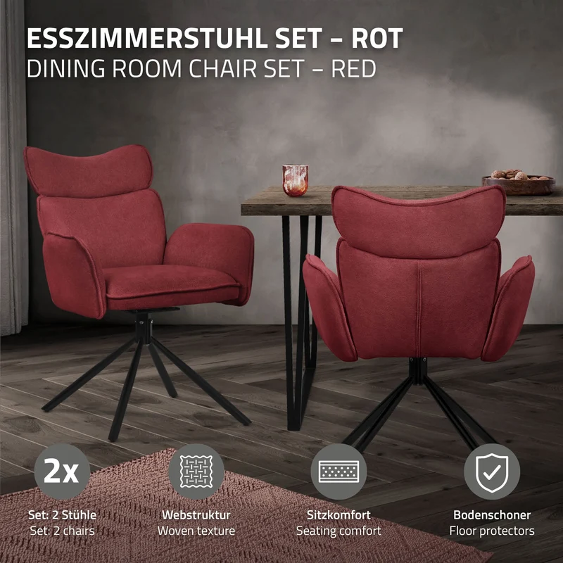 Esszimmerstuhl 2er Set drehbar Rot mit Rücken- und Armlehne bis 120 kg ML-Design