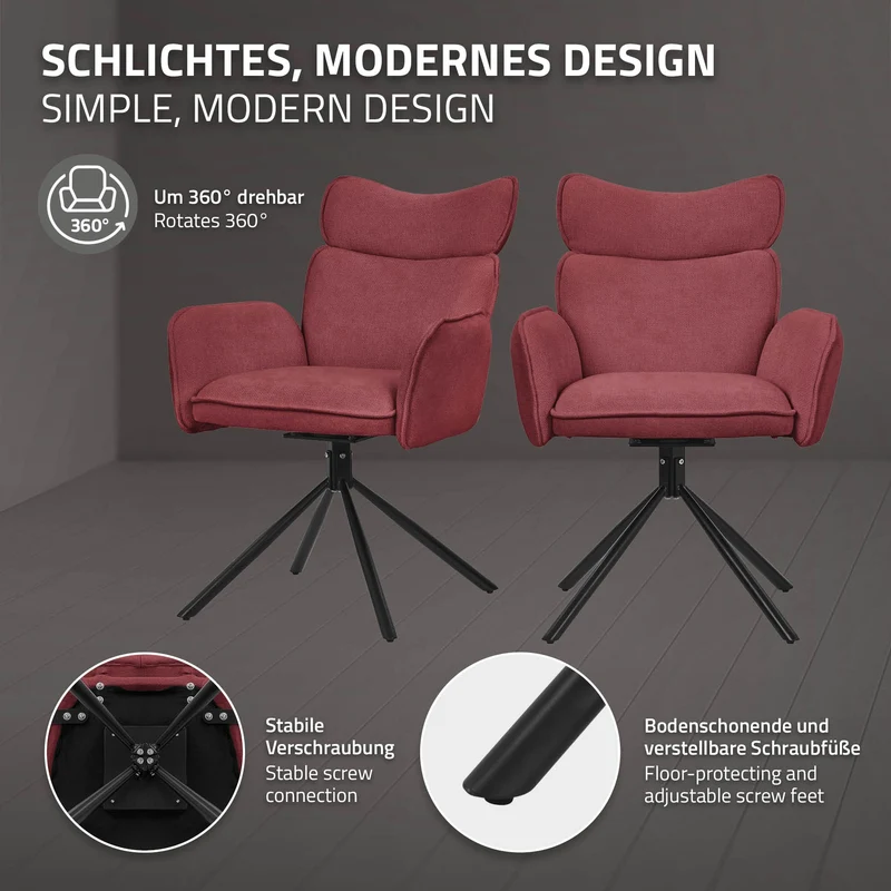 Esszimmerstuhl 2er Set drehbar Rot mit Rücken- und Armlehne bis 120 kg ML-Design