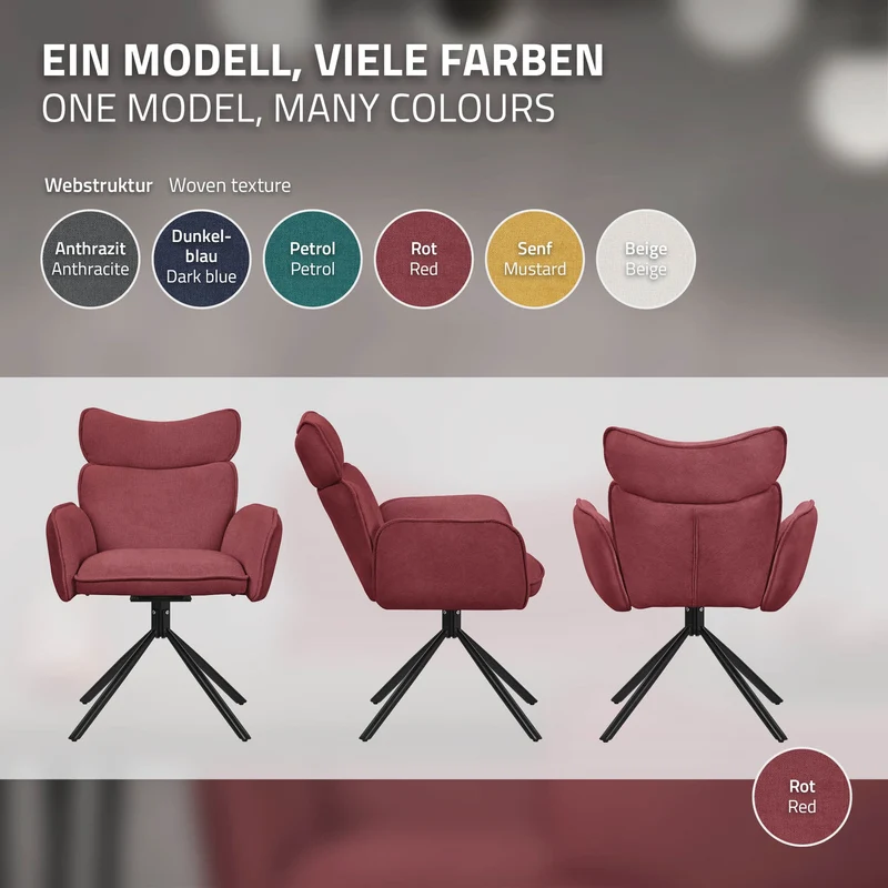 Esszimmerstuhl 2er Set drehbar Rot mit Rücken- und Armlehne bis 120 kg ML-Design