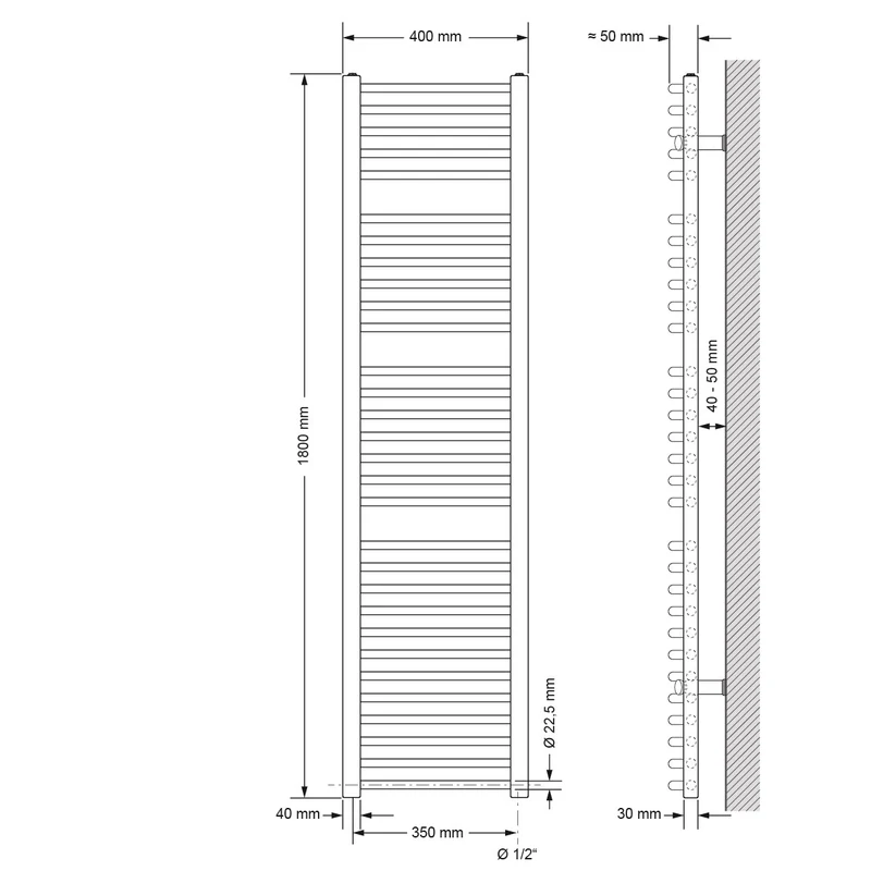 Badheizkörper Sahara mit Heizstab 1200W 400x1800 mm Weiß gebogen mit Seitenanschluss LuxeBath