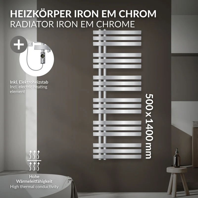 Badheizkörper Mittelanschluss 500x1400 mm Chrom mit Heizstab 900W LuxeBath