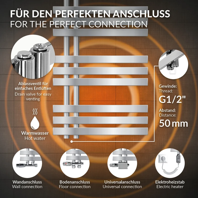 Badheizkörper Mittelanschluss 500x1400 mm Chrom mit Heizstab 900W LuxeBath