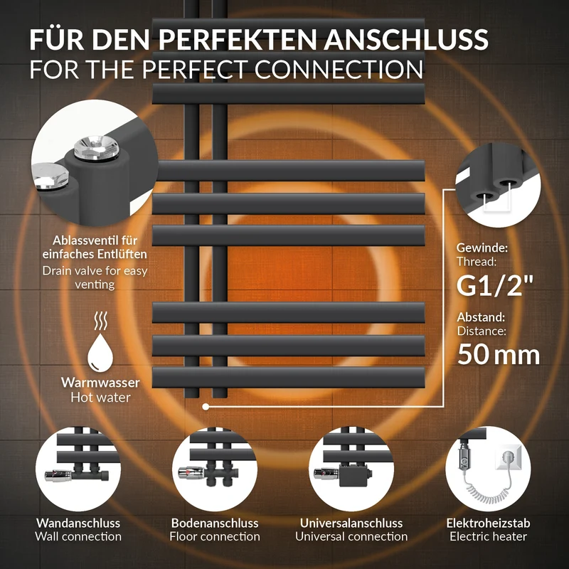 Badheizkörper Mittelanschluss 500x1000 mm Anthrazit mit Heizstab 600 W LuxeBath