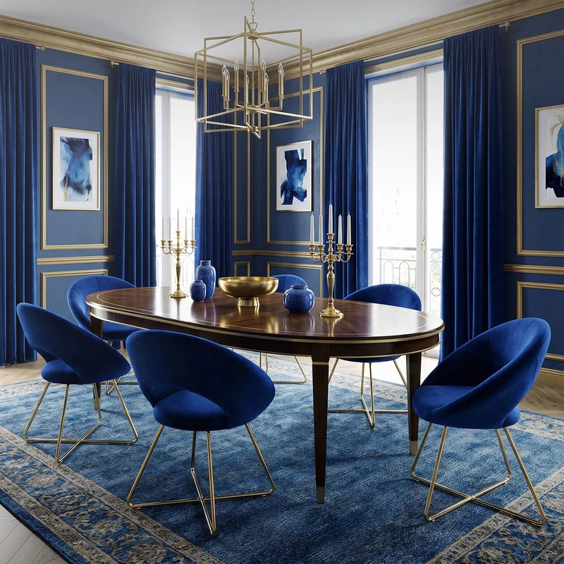 B-Ware Esszimmerstuhl mit runder offener Rückenlehne Blau aus Samt mit goldenen Metallbeinen ML-Design