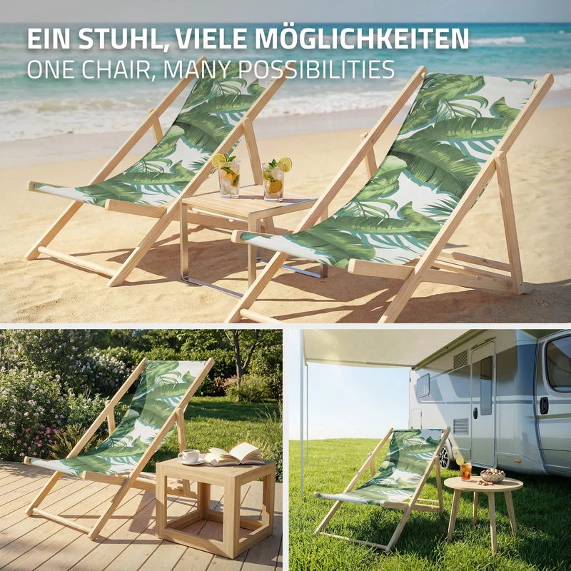 5er Set Gartenliege aus Holz in Tropical Grün-Weiß klappbarer Beachstuhl Strandstuhl Strandliege Liegestuhl Sonnenliege Relaxliege