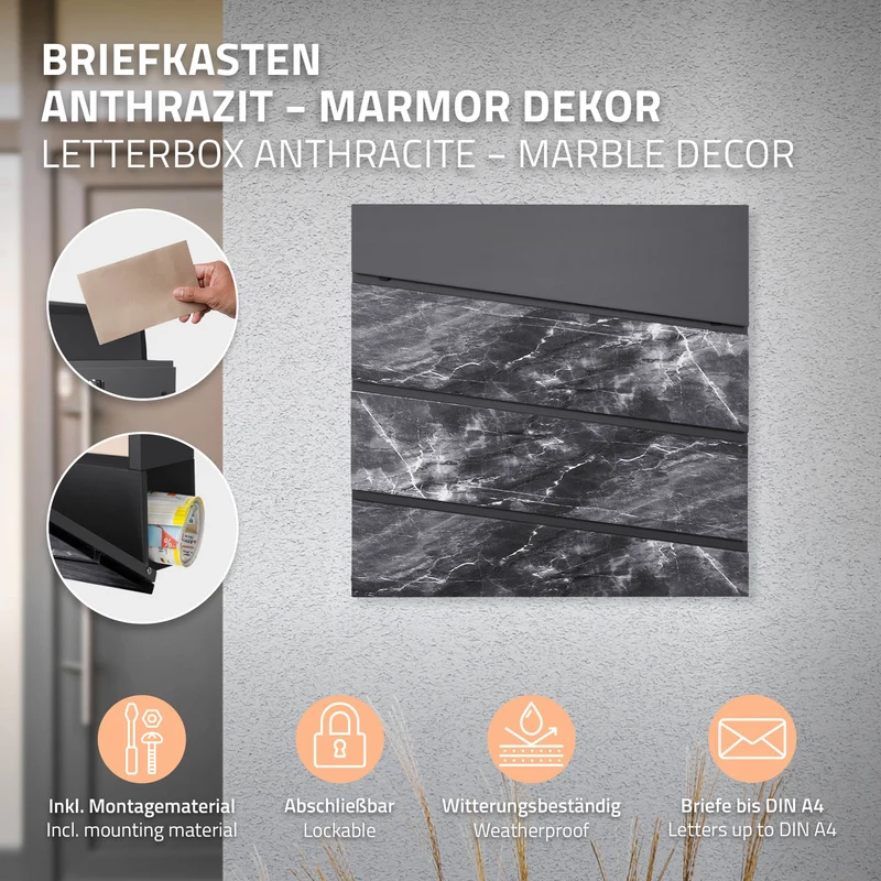 Briefkasten mit Ständer und Pflanzkasten, 120cm Hoch, 37x37x11 cm Anthrazit/Schwarz-Marmoroptik aus Stahl ML-Design