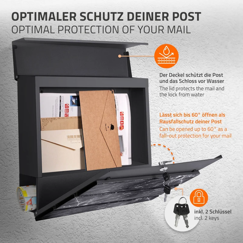 Briefkasten mit Ständer und Pflanzkasten, 120cm Hoch, 37x37x11 cm Anthrazit/Schwarz-Marmoroptik aus Stahl ML-Design