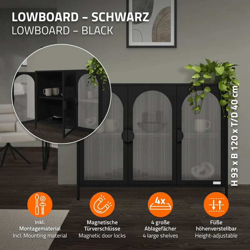 B-Ware Vitrinenschrank 120x93x40 cm Vitrine mit 4 Ablage-/Regalfächer Schwarz aus Stahl ML-Design