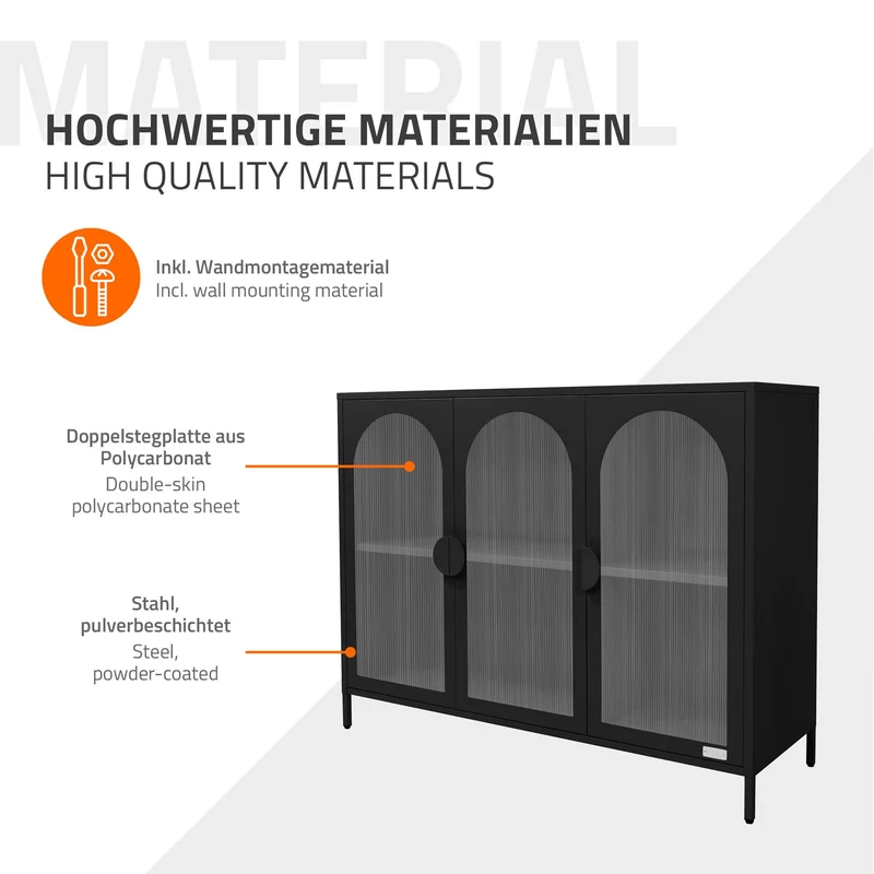 B-Ware Vitrinenschrank 120x93x40 cm Vitrine mit 4 Ablage-/Regalfächer Schwarz aus Stahl ML-Design