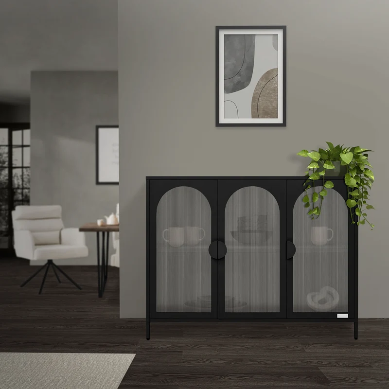 B-Ware Vitrinenschrank 120x93x40 cm Vitrine mit 4 Ablage-/Regalfächer Schwarz aus Stahl ML-Design