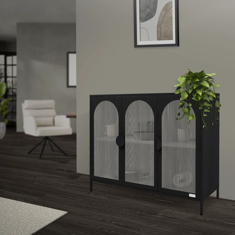 B-Ware Vitrinenschrank 120x93x40 cm Vitrine mit 4 Ablage-/Regalfächer Schwarz aus Stahl ML-Design