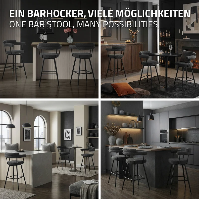 4er Set Barhocker 360° drehbar Dunkelgrau 61x103x55 cm mit Arm-, Rückenlehne und Fußstütze bis 120 kg ML-Design