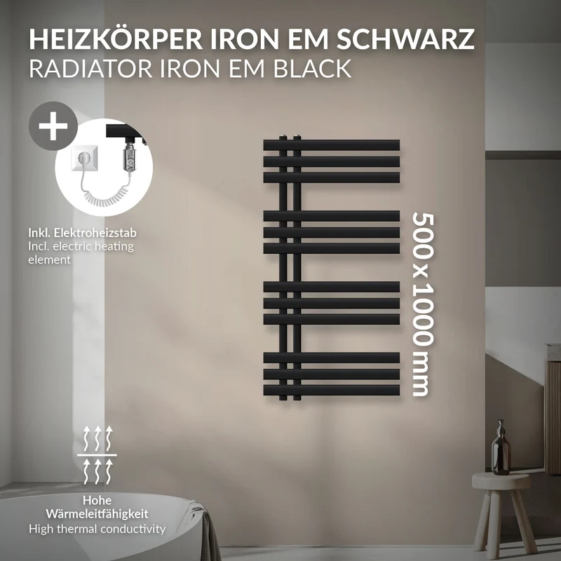 Badheizkörper Mittelanschluss 500x1000 mm Schwarz matt mit Heizstab 600W LuxeBath