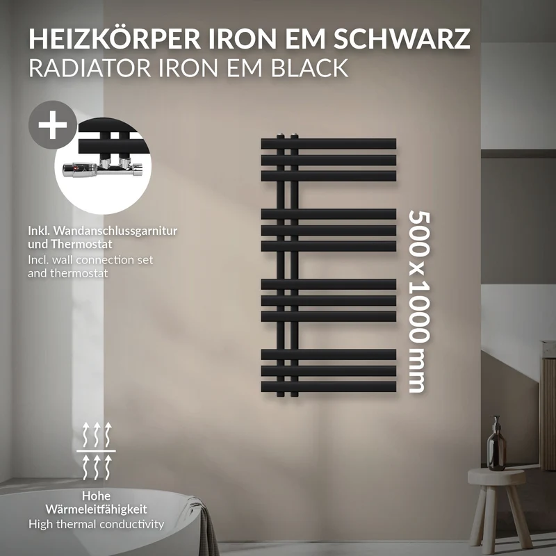 Badheizkörper Mittelanschluss 500x1000 mm Schwarz matt mit Wand Thermostatventil LuxeBath