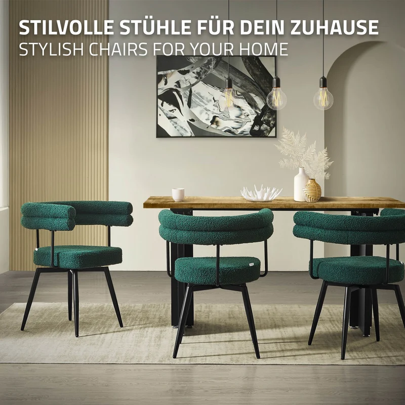 6er Set Esszimmerstühle 360° drehbar in Dunkelgrün Teddy-Stoff mit Arm- und Rückenlehnen Küchenstuhl ML-Design
