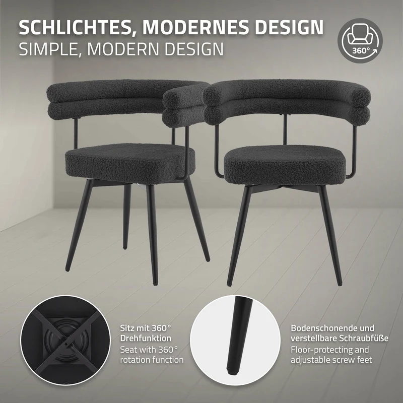 6er Set Esszimmerstühle 360° drehbar in Dunkelgrau Teddy-Stoff mit Arm- und Rückenlehnen Küchenstuhl ML-Design