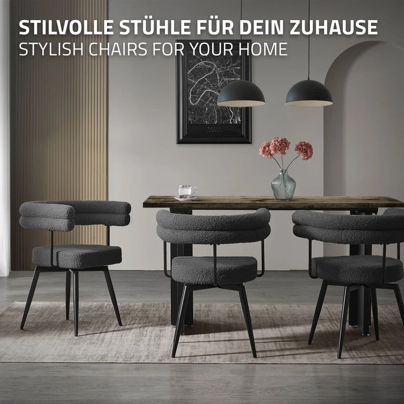 6er Set Esszimmerstühle 360° drehbar in Dunkelgrau Teddy-Stoff mit Arm- und Rückenlehnen Küchenstuhl ML-Design