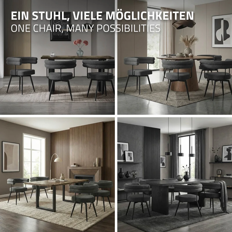 6er Set Esszimmerstühle 360° drehbar in Dunkelgrau Teddy-Stoff mit Arm- und Rückenlehnen Küchenstuhl ML-Design