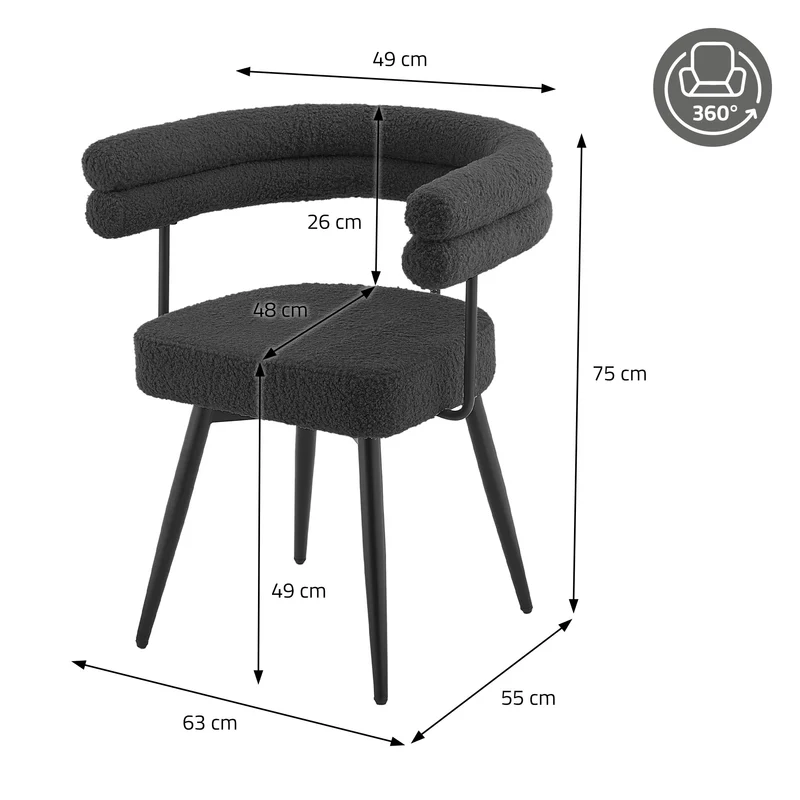 6er Set Esszimmerstühle 360° drehbar in Dunkelgrau Teddy-Stoff mit Arm- und Rückenlehnen Küchenstuhl ML-Design