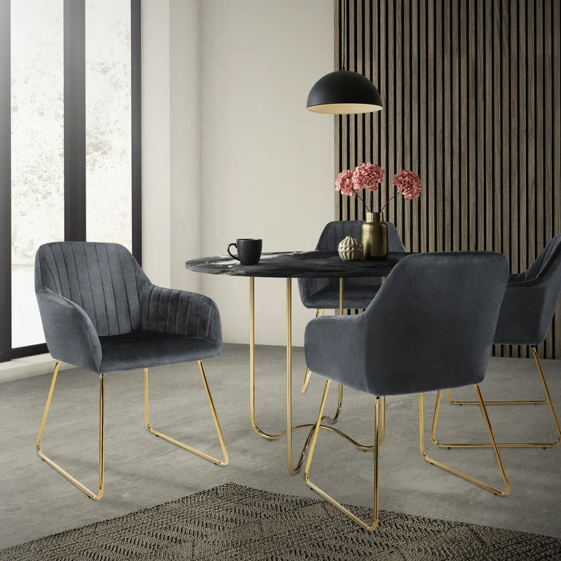 B-Ware Esszimmerstuhl 2er Set mit Rücken- und Armlehnen Grau Küchenstuhl mit Microfaser-Samtbezug & goldenen Metallbeinen ML-Design