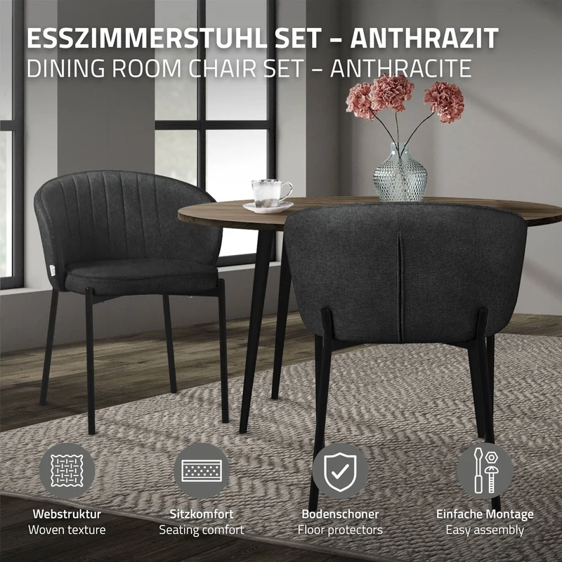 6er Set Esszimmerstühle mit Rücken- & Armlehne Anthrazit mit Metallbeinen bis 120 kg ML-Design