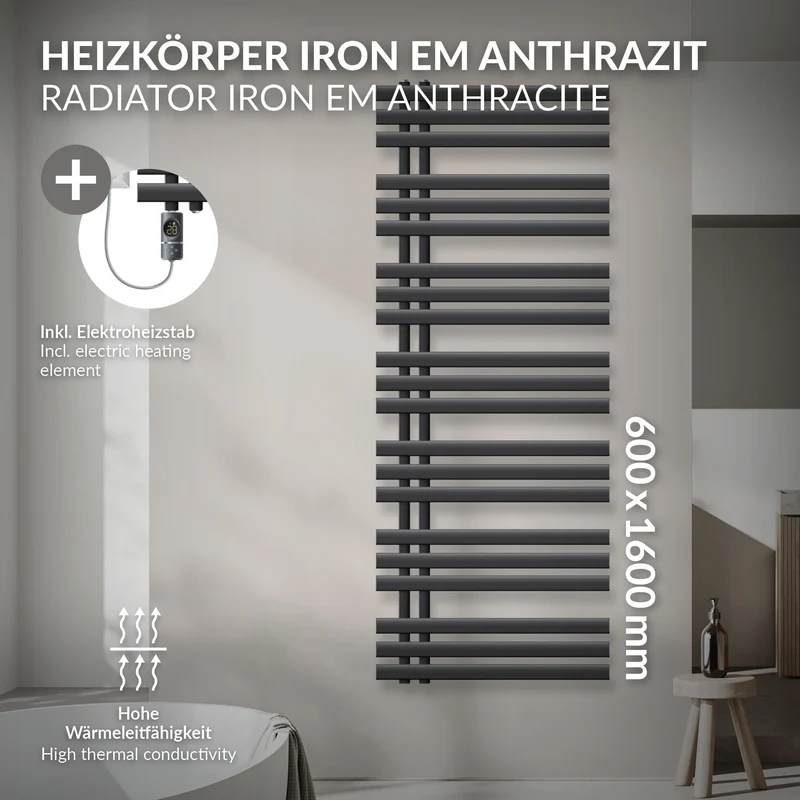 Badheizkörper Mittelanschluss 600x1600 mm Anthrazit mit Heizstab 900W LuxeBath