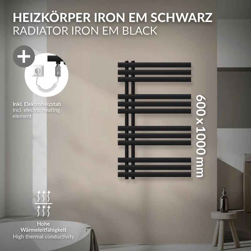 Badheizkörper Mittelanschluss 600x1000 mm Schwarz matt mit Heizstab 600W LuxeBath
