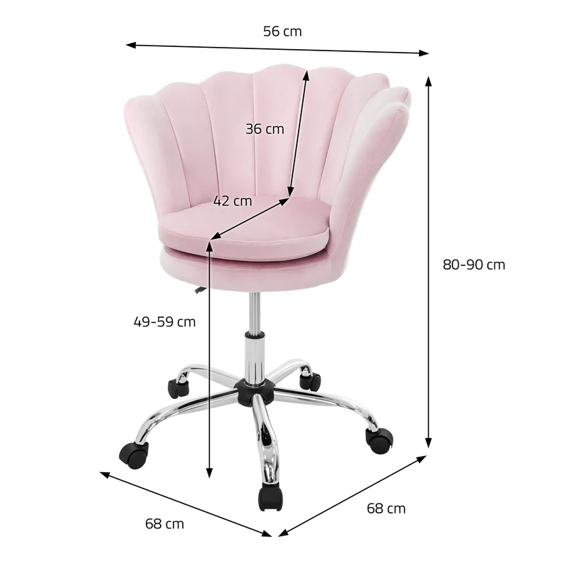 B-Ware Bürostuhl mit Rollen und Rückenlehne Muscheldesign 68x68 cm Hellrosa aus Samt Schminktisch Stuhl ML-Design