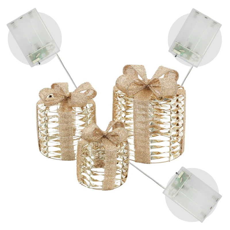 3er Set LED Weihnachtsgeschenkboxen Gold Warmweiß batteriebetrieben mit Timer
