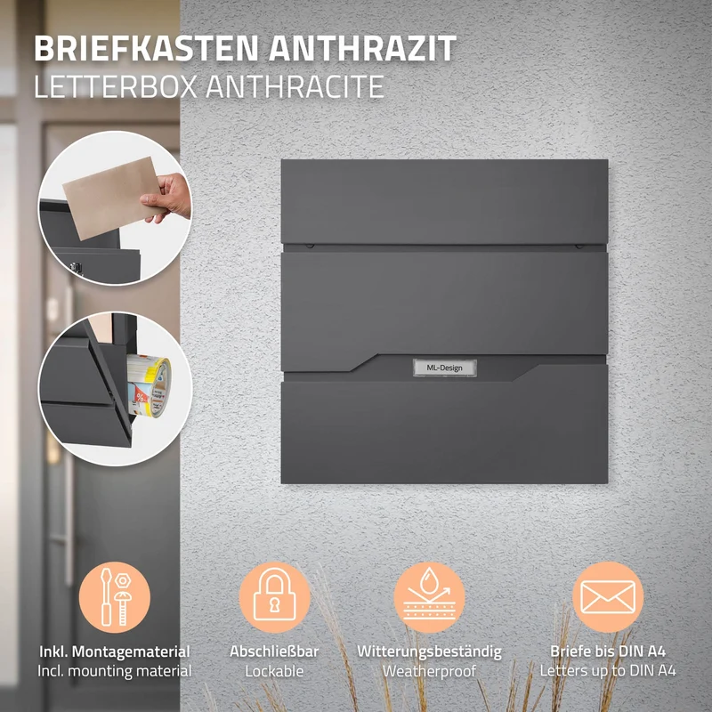 Briefkasten mit Zeitungsfach 37x11x36,5 cm Anthrazit aus Edelstahl