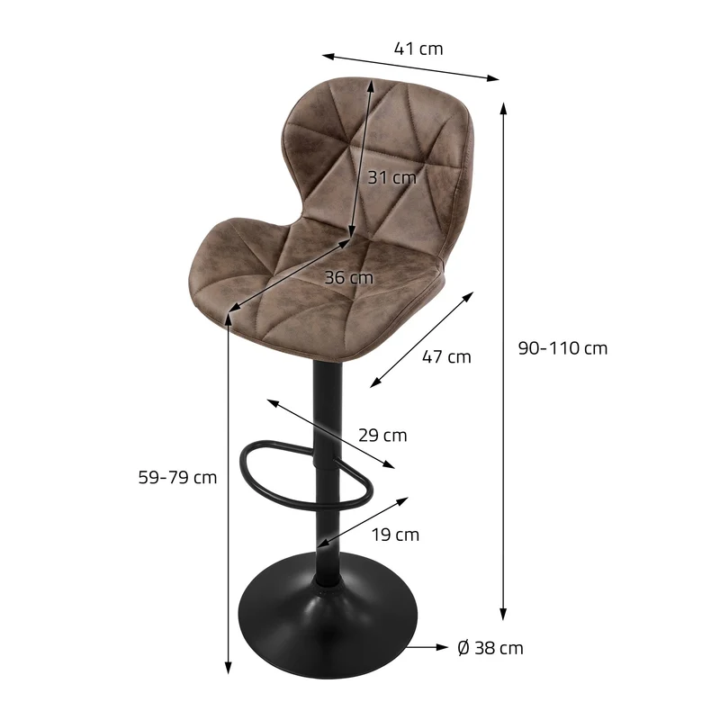 Barhocker 2er Set Braun Kunstlederbezug mit Rückenlehne und Fußstütze höhenverstellbar 59-79cm ML-Design