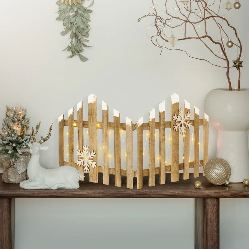 Deko Weihnachtszaun mit LED Natur 77x38 cm aus Holz Timer
