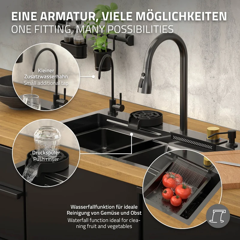 Einbauspüle mit Wasserhahn Komplett Set 8-teilig Anthrazit 75x46 cm aus Edelstahl ML-Design