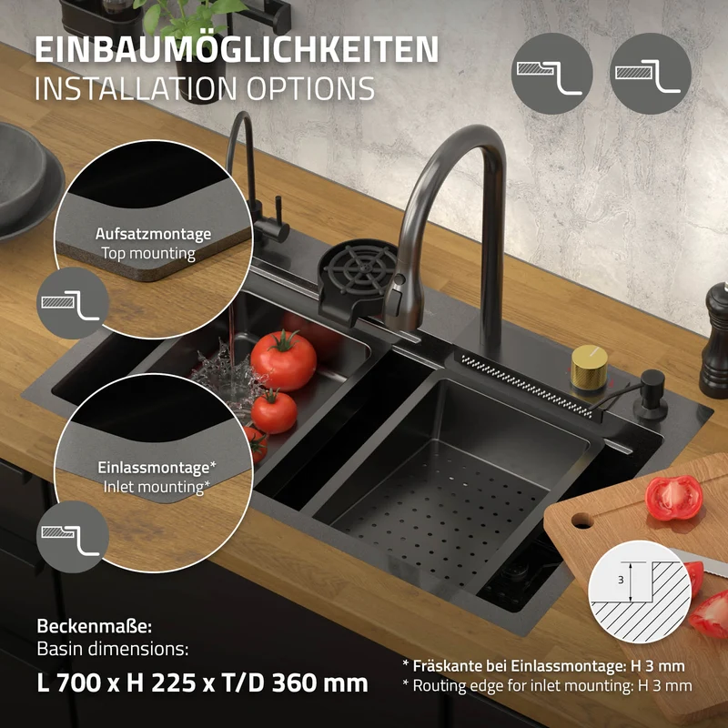 Einbauspüle mit Wasserhahn Komplett Set 8-teilig Anthrazit 75x46 cm aus Edelstahl ML-Design
