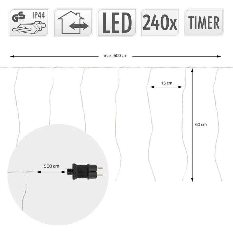 LED Lichtervorhang 6 m mit 240 LEDs Warmweiß IP44 Timer