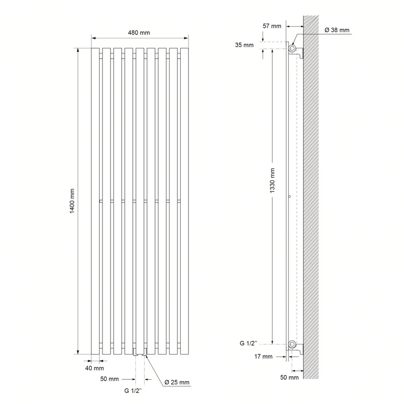 Badheizkörper mit Mittelanschluss 1400x480 mm Chrome vertikal LuxeBath