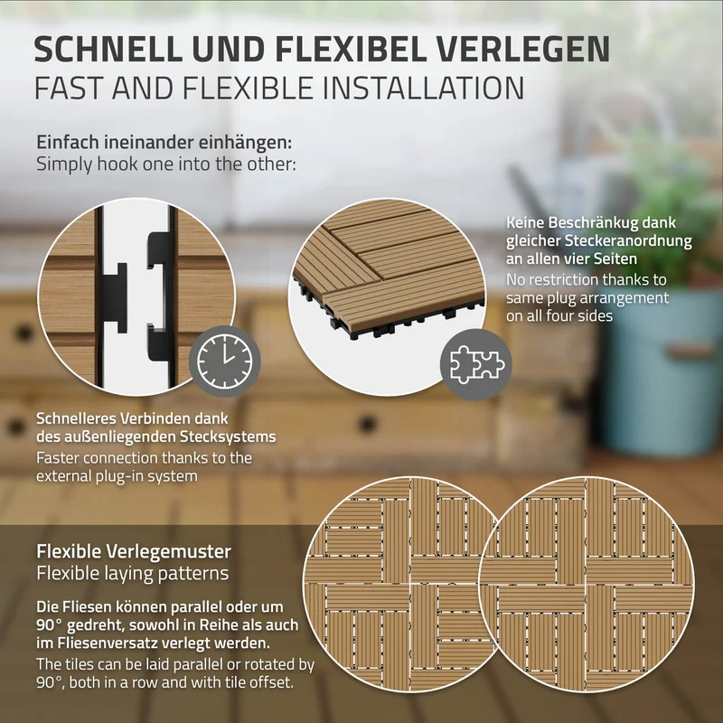 WPC Terrassenfliesen 30x30 cm 55er Set für 5m² Teak in Holzoptik Mosaik mit Drainage und Klicksystem