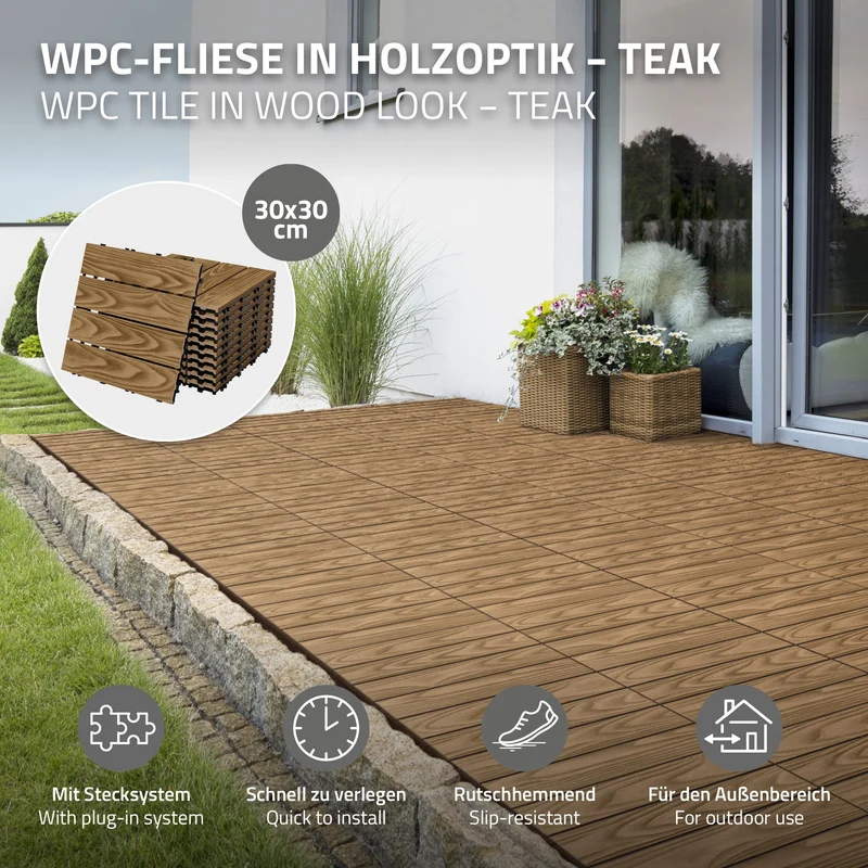 WPC Terrassenfliesen 30x30 cm 11er Spar Set für 1m² Teak in Holzoptik Bodenbelag mit Drainage und Klicksystem