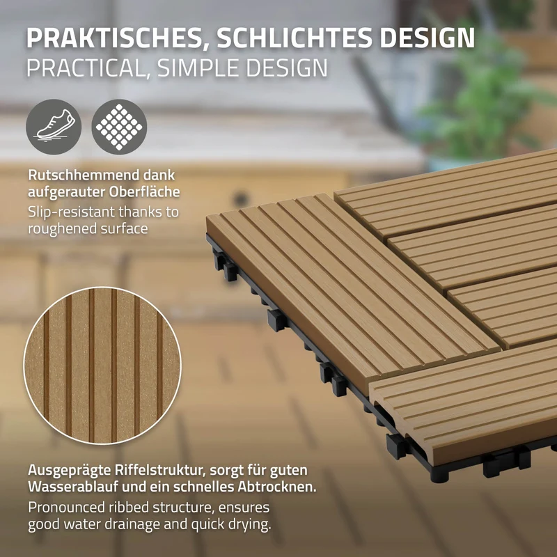 WPC Terrassenfliesen 30x30 cm 44er Set für 4m² Teak in Holzoptik Mosaik mit Drainage und Klicksystem