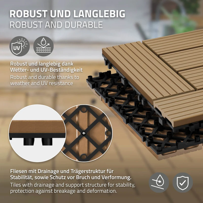 WPC Terrassenfliesen 30x30 cm 33er Set für 3m² Teak in Holzoptik Mosaik mit Drainage und Klicksystem