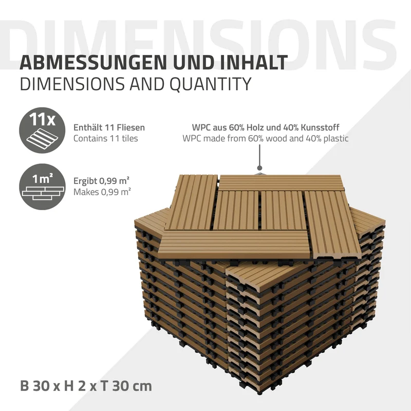 WPC Terrassenfliesen 30x30 cm 33er Set für 3m² Teak in Holzoptik Mosaik mit Drainage und Klicksystem