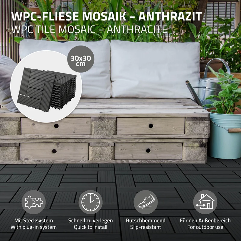 WPC Terrassenfliesen 30x30 cm 44er Set für 4m² Anthrazit in Holzoptik Mosaik mit Drainage und Klicksystem