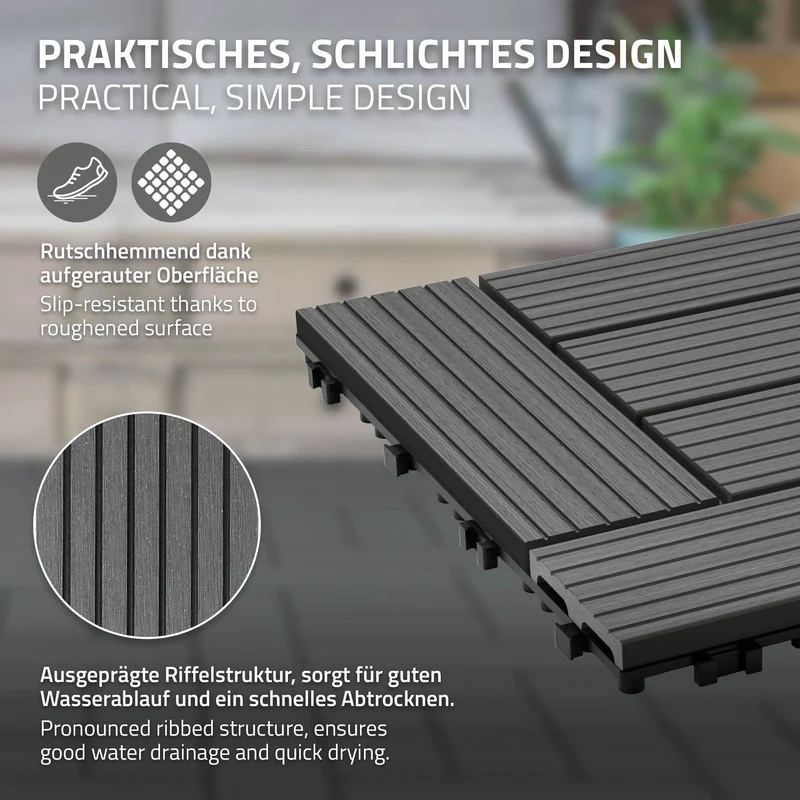 WPC Terrassenfliesen 30x30 cm 33er Set für 3m² Anthrazit in Holzoptik Mosaik mit Drainage und Klicksystem