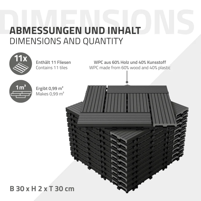 WPC Terrassenfliesen 30x30 cm 33er Set für 3m² Anthrazit in Holzoptik Mosaik mit Drainage und Klicksystem