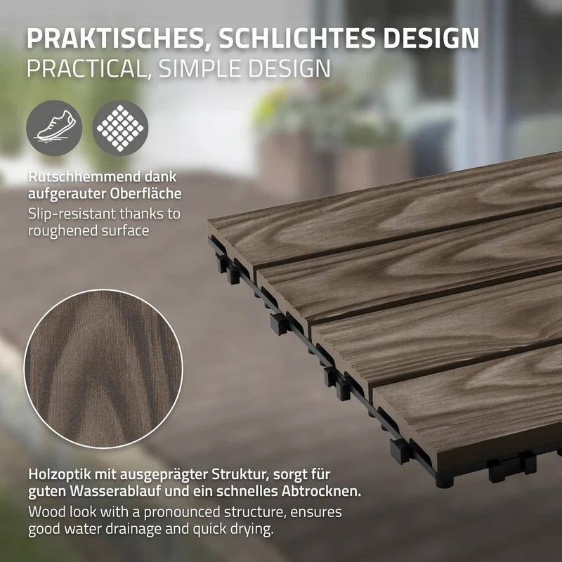 WPC Terrassenfliesen 30x30 cm 11er Spar Set für 1m² Dunkelbraun in Holzoptik Bodenbelag mit Drainage & Klicksystem