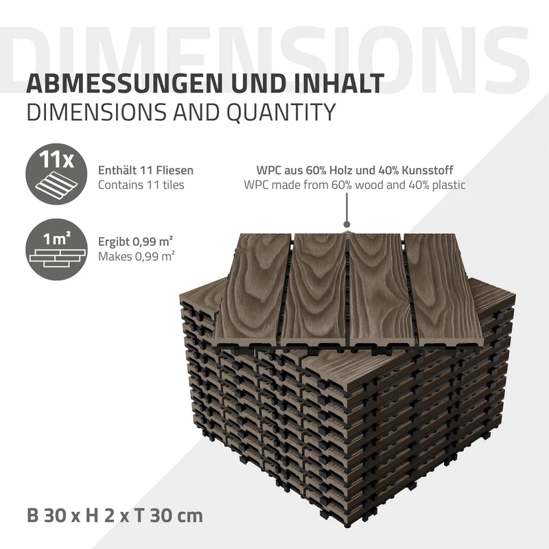 WPC Terrassenfliesen 30x30 cm 11er Spar Set für 1m² Dunkelbraun in Holzoptik Bodenbelag mit Drainage & Klicksystem