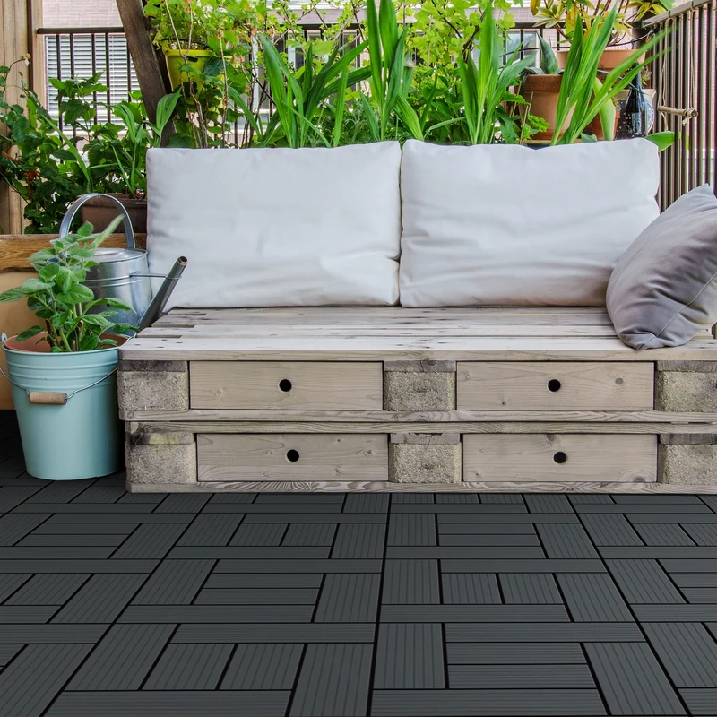 WPC Terrassenfliesen 30x30 cm 22er Set für 2m² Anthrazit in Holzoptik Mosaik mit Drainage und Klicksystem