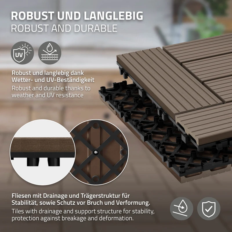 WPC Terrassenfliesen 30x30 cm 44er Set für 4m² Dunkelbraun in Holzoptik Mosaik mit Drainage und Klicksystem